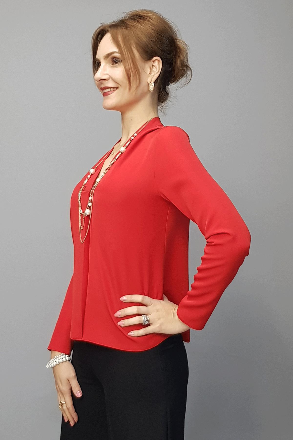 V Yaka Omuz Pileli Uzun Kol Bluz-Kırmızı Önder Özsoy 3502100 V Yaka Omuz Pileli Uzun Kol Bluz