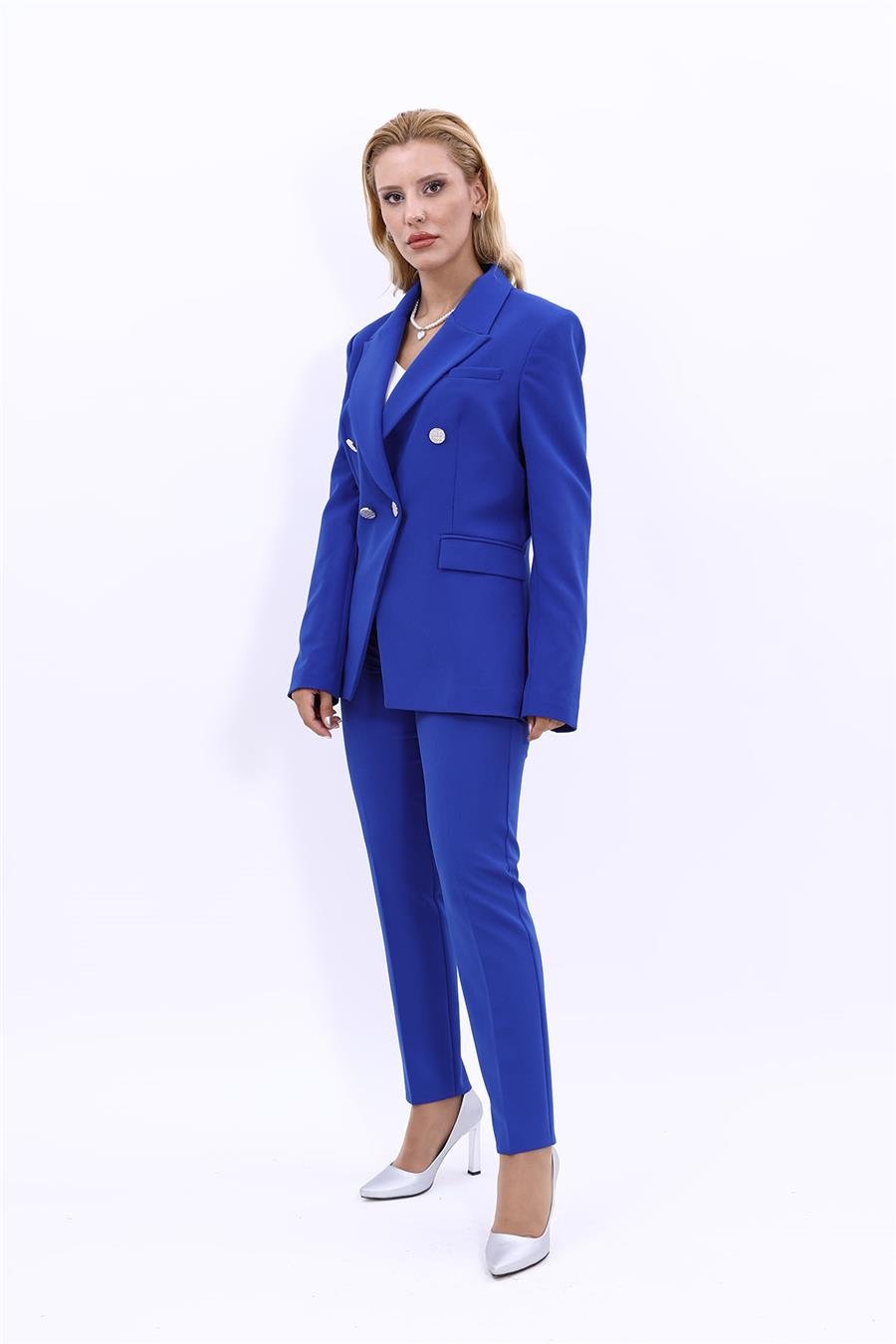 Yakalı Kruvaze Modern Ceket & Dar Paça Pantolon Kadın Takım Elbise -Saks Önder Özsoy 1147510 Pantolon Ceket Takım