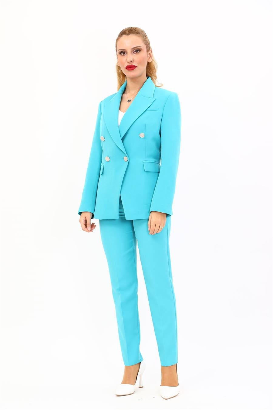 Yakalı Kruvaze Modern Ceket & Dar Paça Pantolon Kadın Takım Elbise -Turkuaz Önder Özsoy 1147510 Pantolon Ceket Takım
