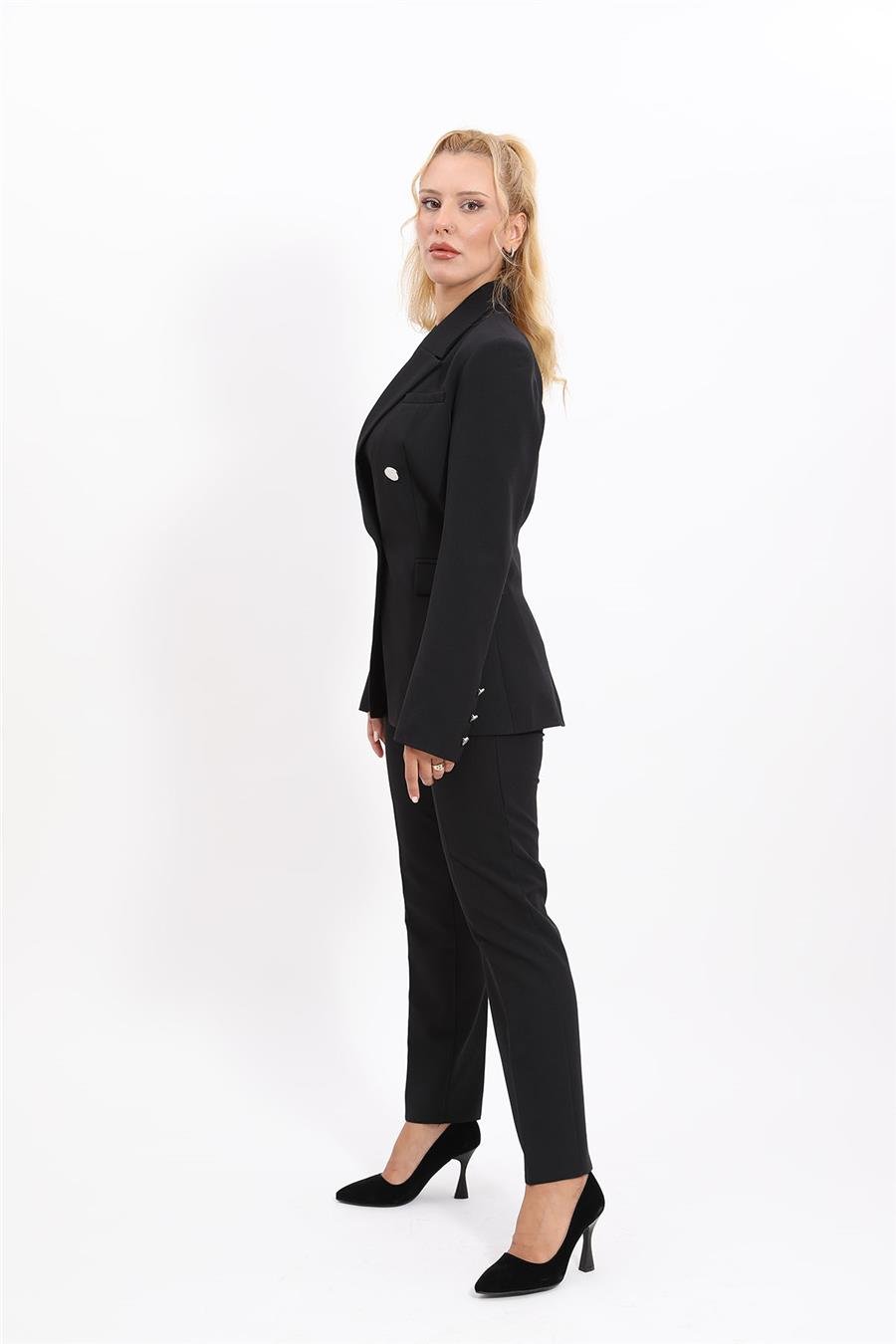 Yakalı Kruvaze Modern Ceket & Dar Paça Pantolon Kadın Takım Elbise -Siyah Önder Özsoy 1147510 Pantolon Ceket Takım