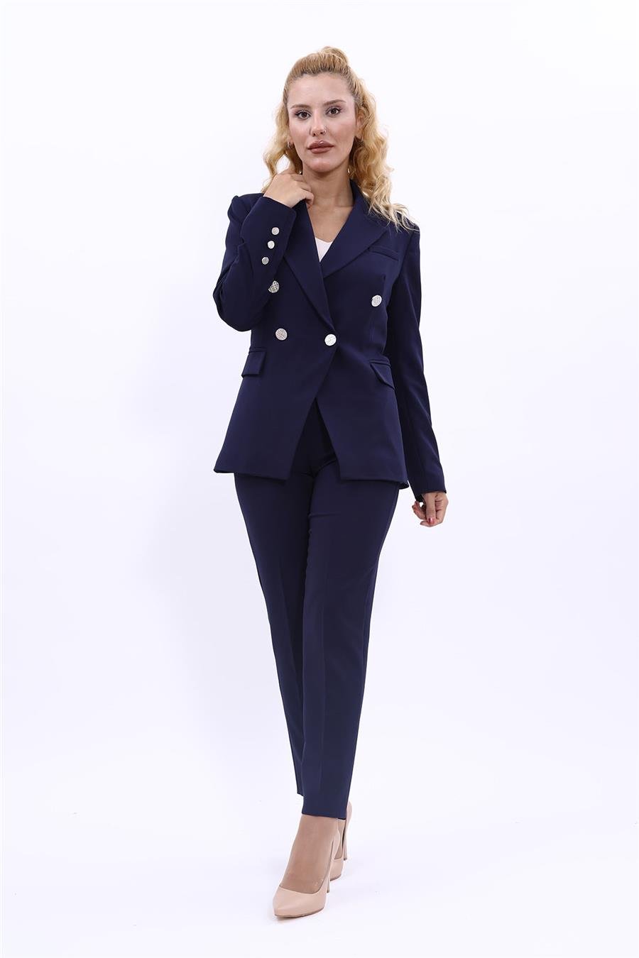 Yakalı Kruvaze Modern Ceket & Dar Paça Pantolon Kadın Takım Elbise -Lacivert Önder Özsoy 1147510 Pantolon Ceket Takım
