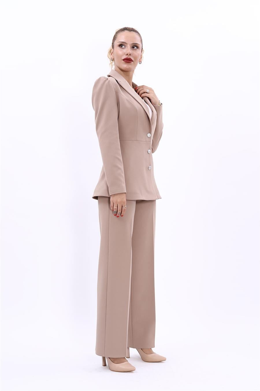 Yakalı Model Ceket  & Bol Paça Pantolon Kadın Takım Elbise-Taş Önder Özsoy 1163520 Pantolon Ceket Takım