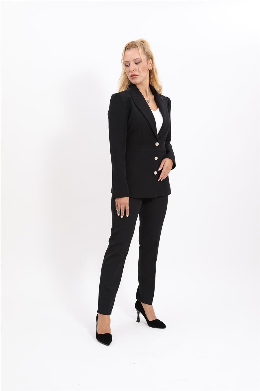 Yakalı Model Ceket  & Dar Paça Pantolon Kadın Takım Elbise-Siyah Önder Özsoy 1163510 Pantolon Ceket Takım