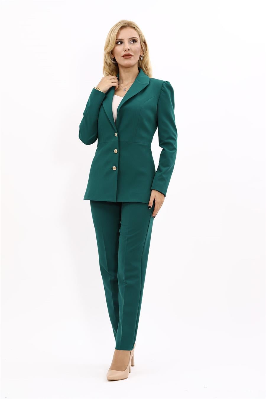 Yakalı Model Ceket  & Dar Paça Pantolon Kadın Takım Elbise-Zümrüt Önder Özsoy 1163510 Pantolon Ceket Takım