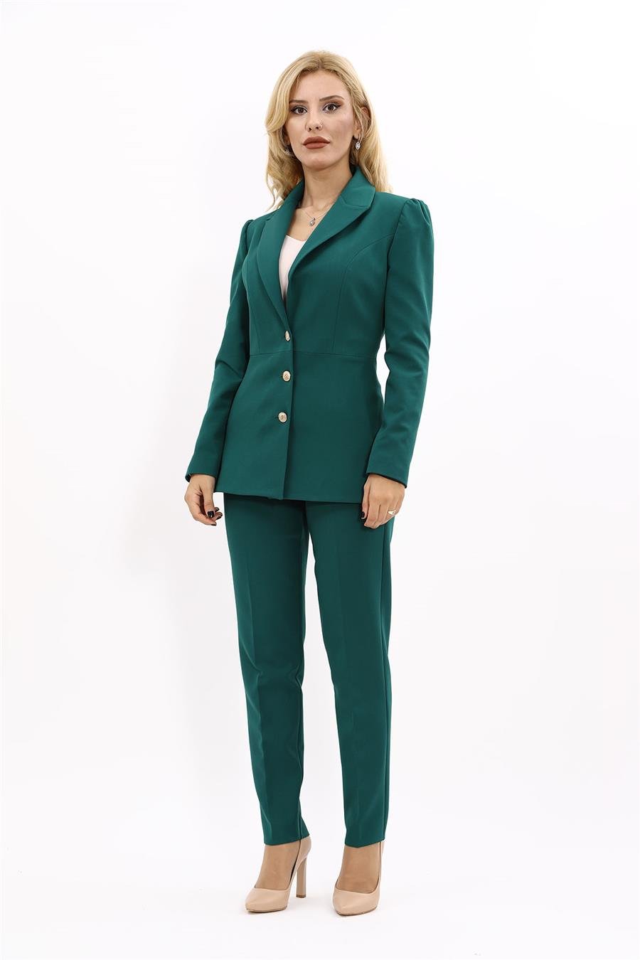 Yakalı Model Ceket  & Dar Paça Pantolon Kadın Takım Elbise-Zümrüt Önder Özsoy 1163510 Pantolon Ceket Takım