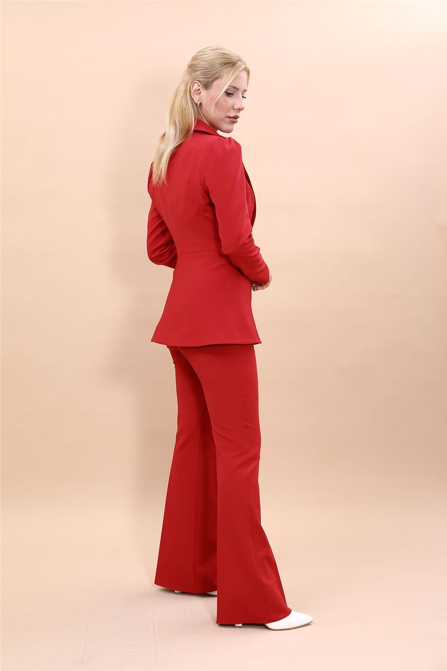 Yakalı Model Ceket  & İspanyol Paça Pantolon Kadın Takım Elbise -Kırmızı Önder Özsoy 1163530 Pantolon Ceket Takım