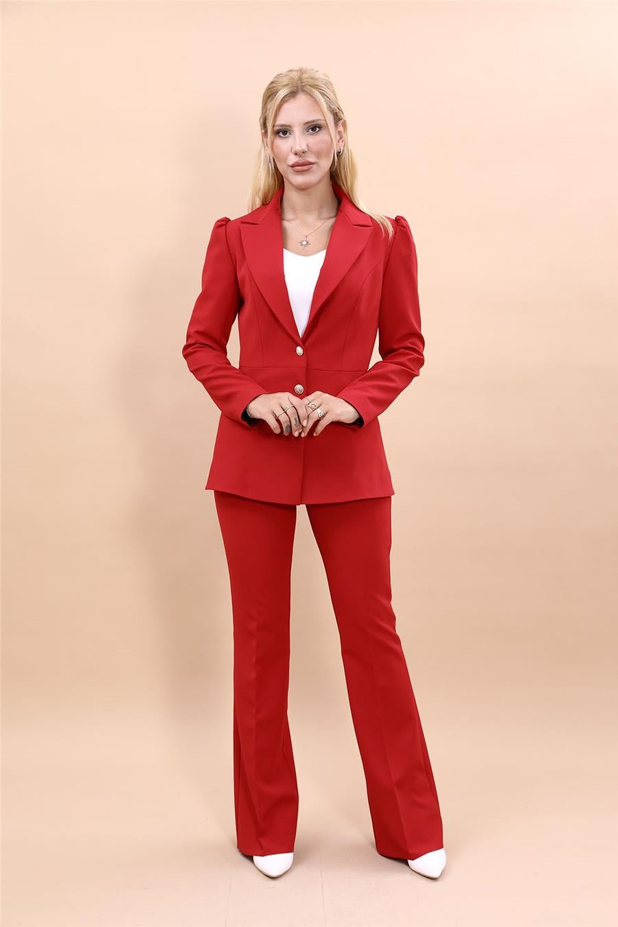 Yakalı Model Ceket  & İspanyol Paça Pantolon Kadın Takım Elbise -Kırmızı Önder Özsoy 1163530 Pantolon Ceket Takım
