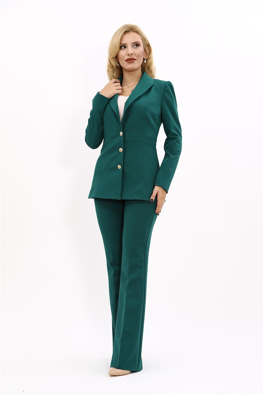 Yakalı Model Ceket  & İspanyol Paça Pantolon Kadın Takım Elbise -Zümrüt Önder Özsoy 1163530 Pantolon Ceket Takım