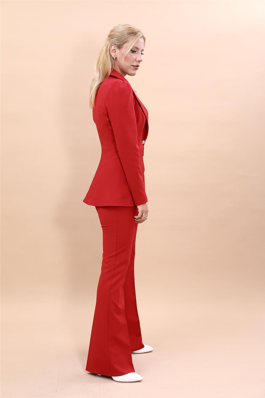 Yakalı Model Ceket  & İspanyol Paça Pantolon Kadın Takım Elbise -Kırmızı Önder Özsoy 1163530 Pantolon Ceket Takım