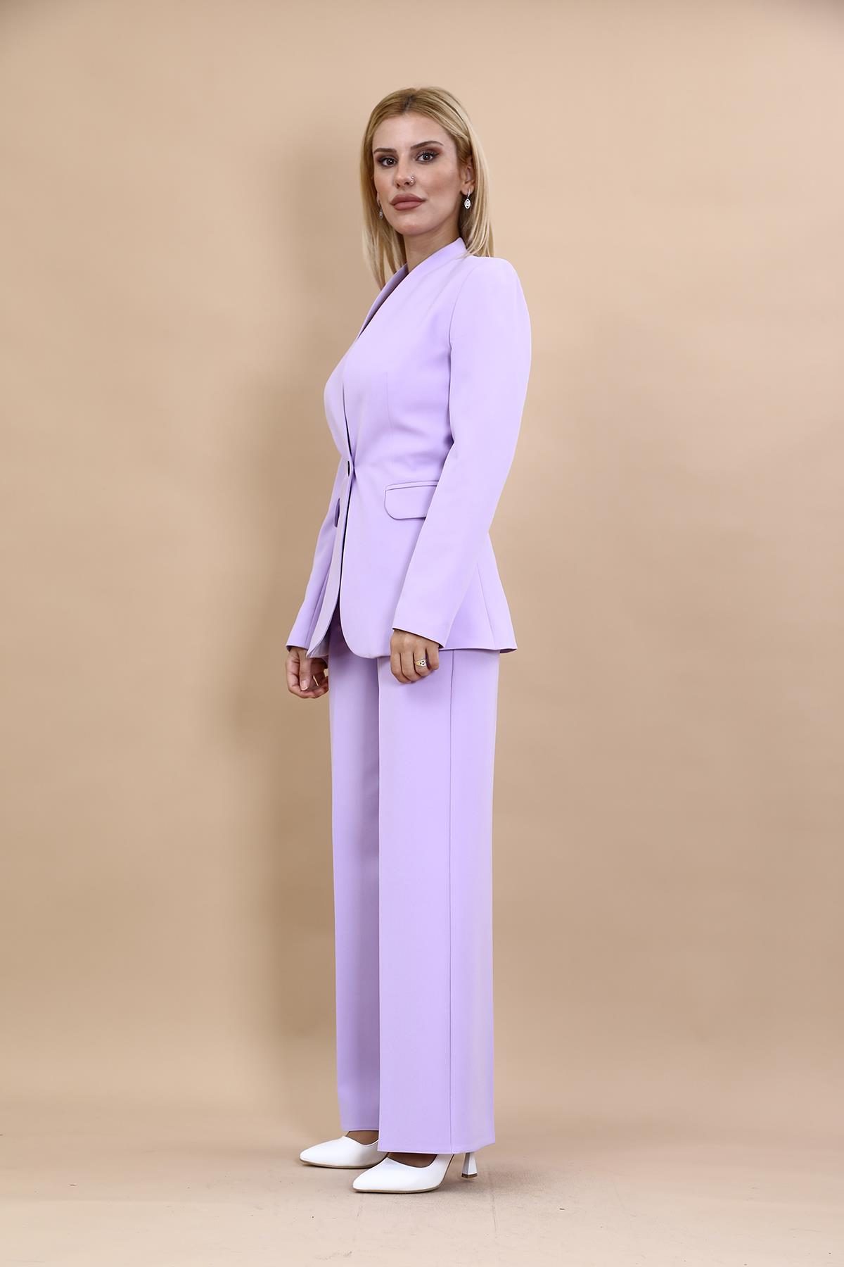Yakasız Ceket  & Bol Paça Pantolon Takım-Menekşe Önder Özsoy 1072520 Yakasız Ceket  & Bol Paça Pantolon Takım