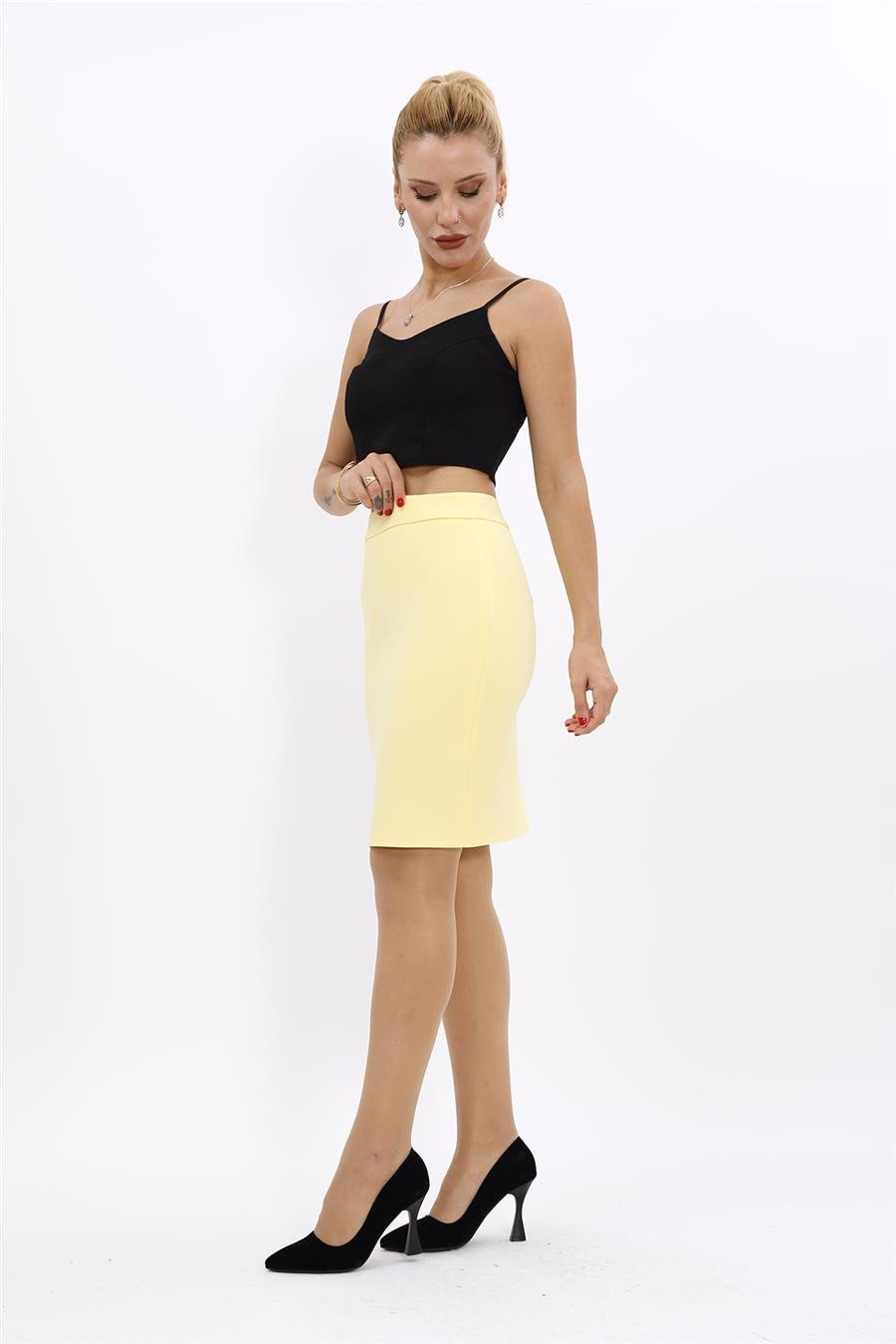 Yırtmaçlı Düz Dar Etek-Sarı Önder Özsoy 5520100 Kısa Kalem Etek