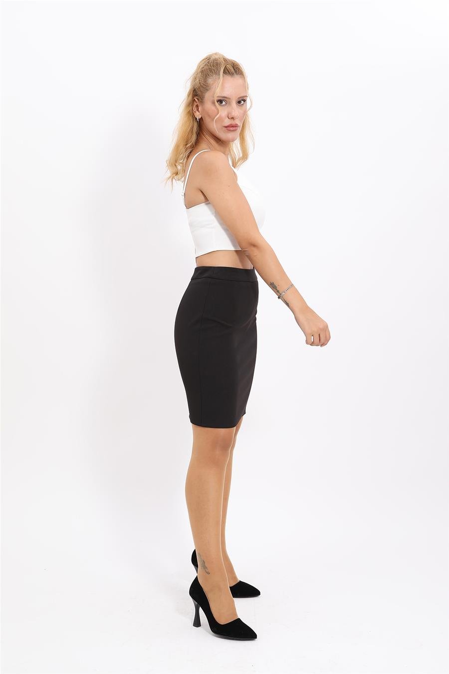 Yırtmaçlı Düz Dar Etek-Siyah Önder Özsoy 5520100 Kısa Kalem Etek
