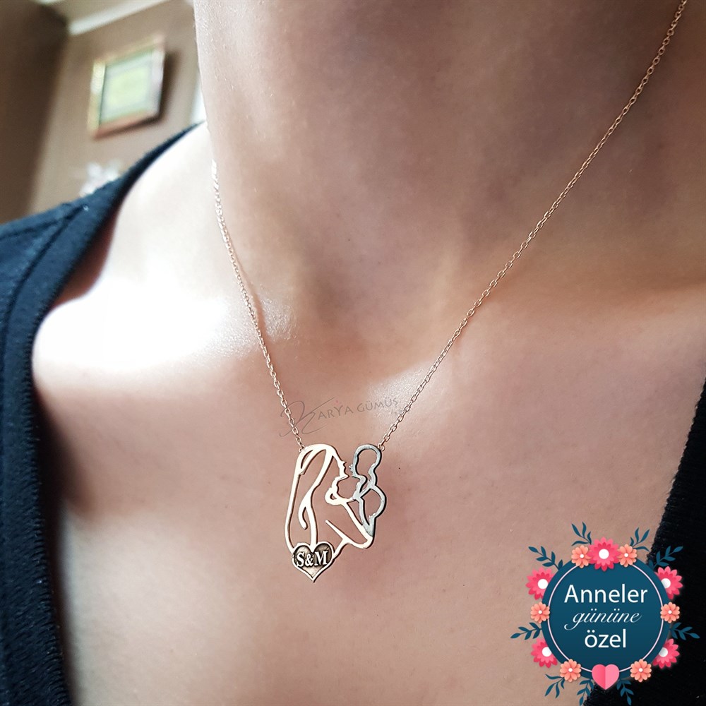 Anne Çocuk Kalp Harfli Gümüş Kolye
