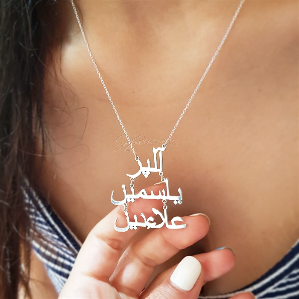Arapça Üç İsimli Gümüş Kolye