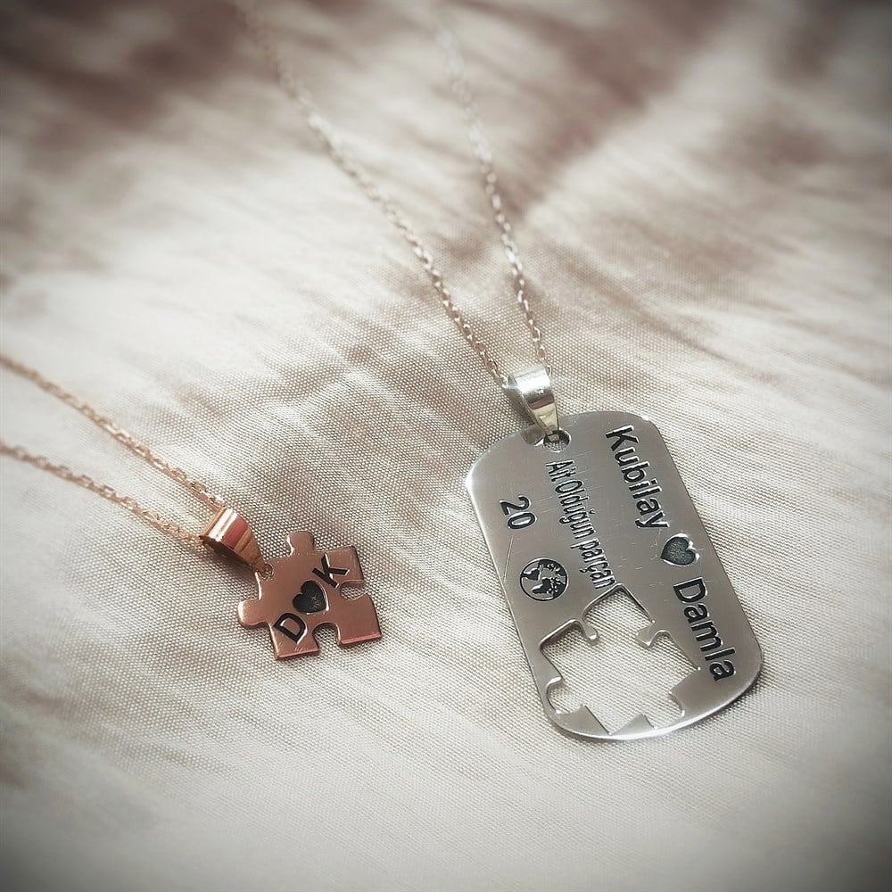 Asker Künyesi ve Puzzle Sevgili Kombin Gümüş Kolye