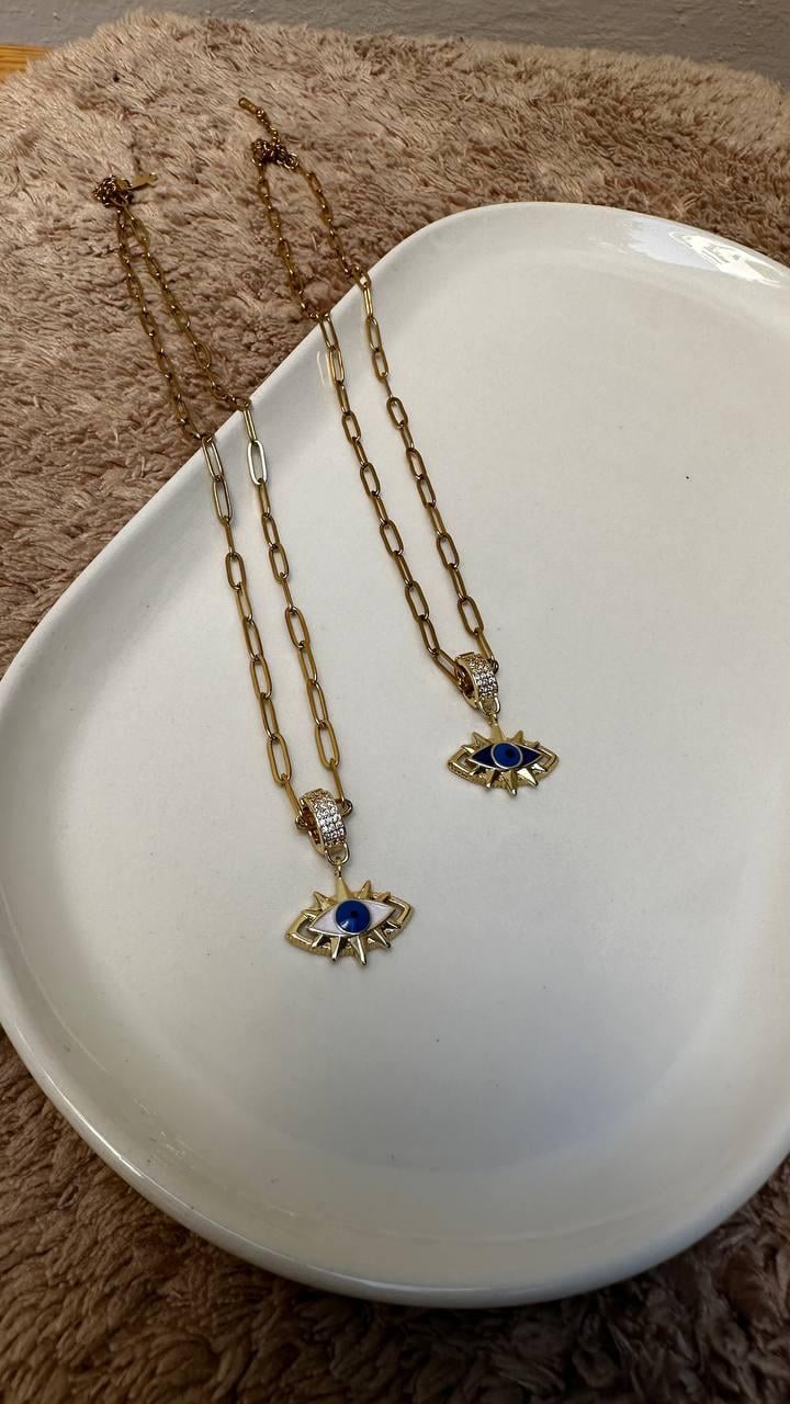 Ataç Zincir Zirkon Taş Detay Göz Nazar Boncuğu Kolye