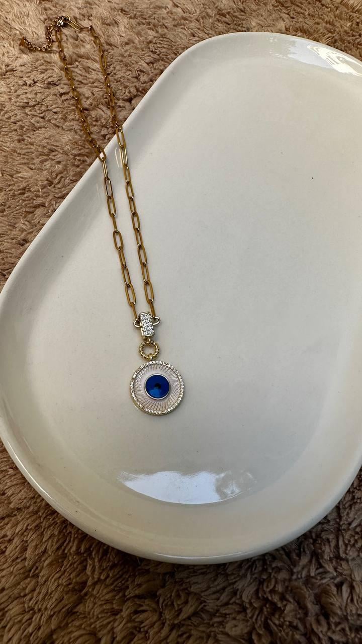 Ataç Zincirli Kenarları Zirkon Taşlı Mineli Nazar Boncuğu Kolye