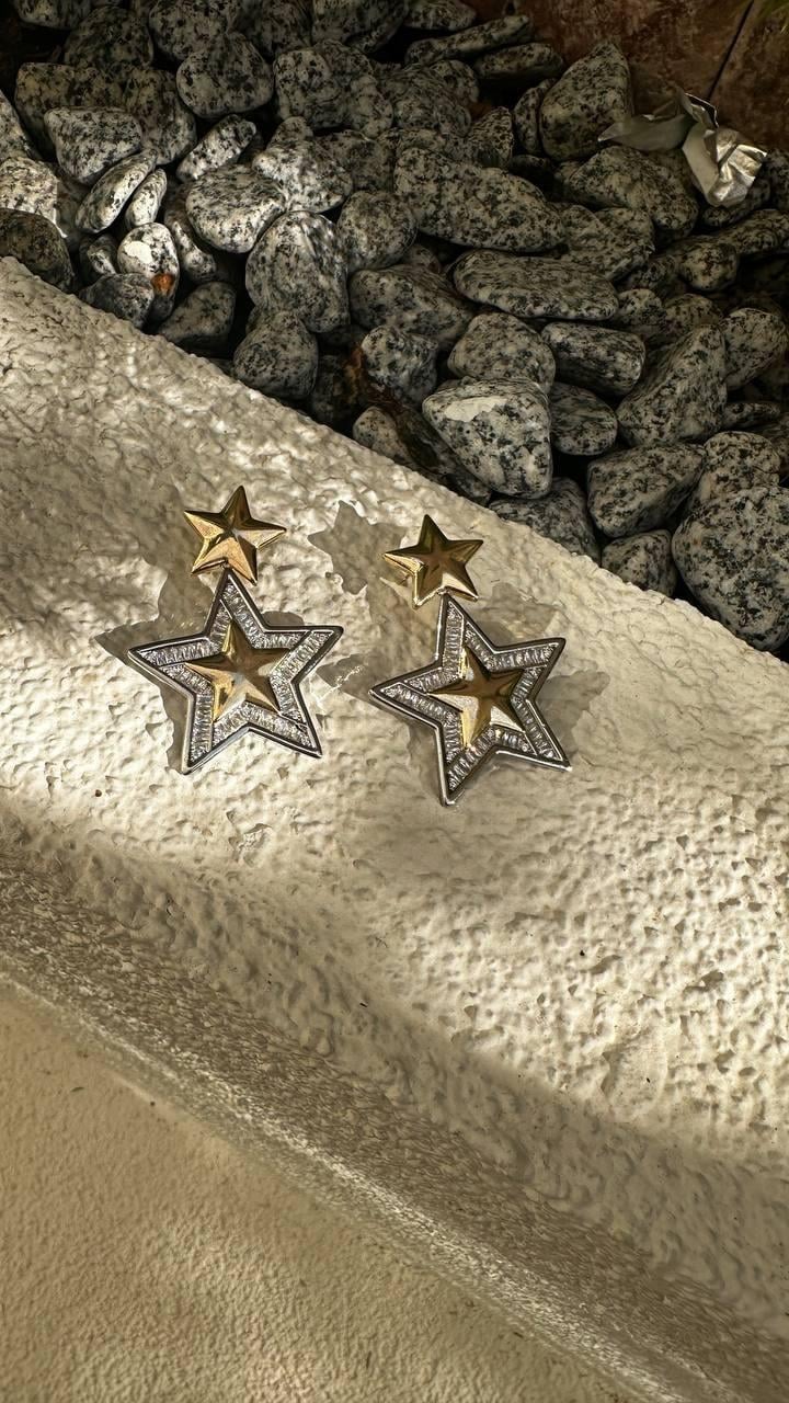 Baget Taşlı İkili Yıldız Küpe