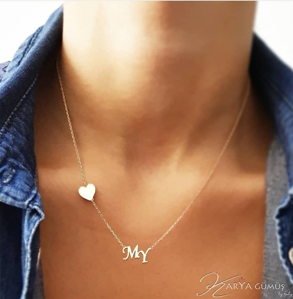 Çapraz İkili Harf Kemik Kalp Gümüş Kolye