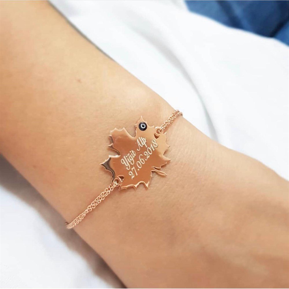 ÇINAR YAPRAĞI İSİM TARİH GÜMÜŞ BİLEKLİK