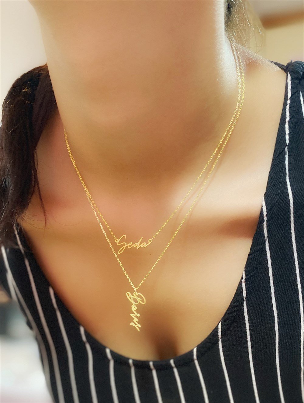 Dikey İmza İsim Gümüş Kolye