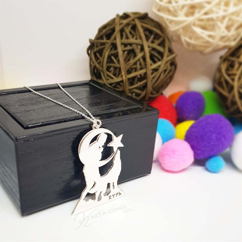 Göktürk Alfabesi İsim Tasarım Ay Yıldız Gümüş Kolye