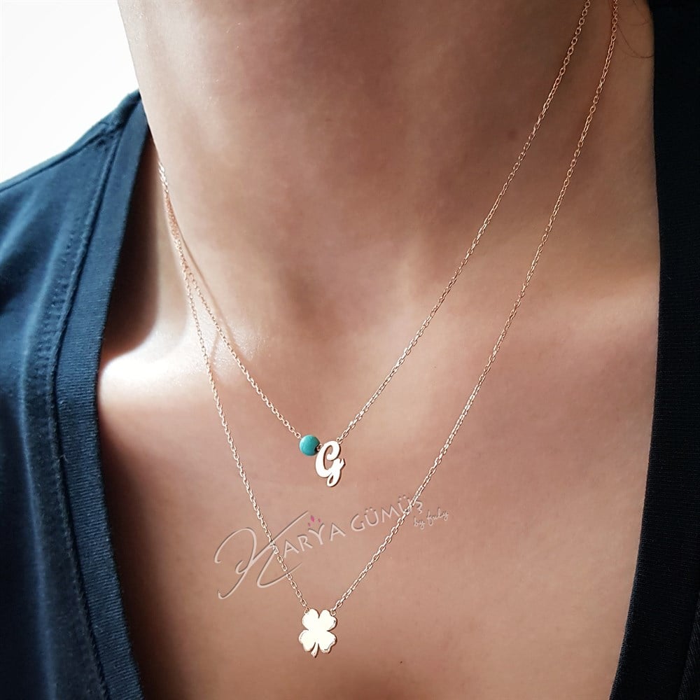 Harf Yonca Figürlü İkili Gümüş Kolye