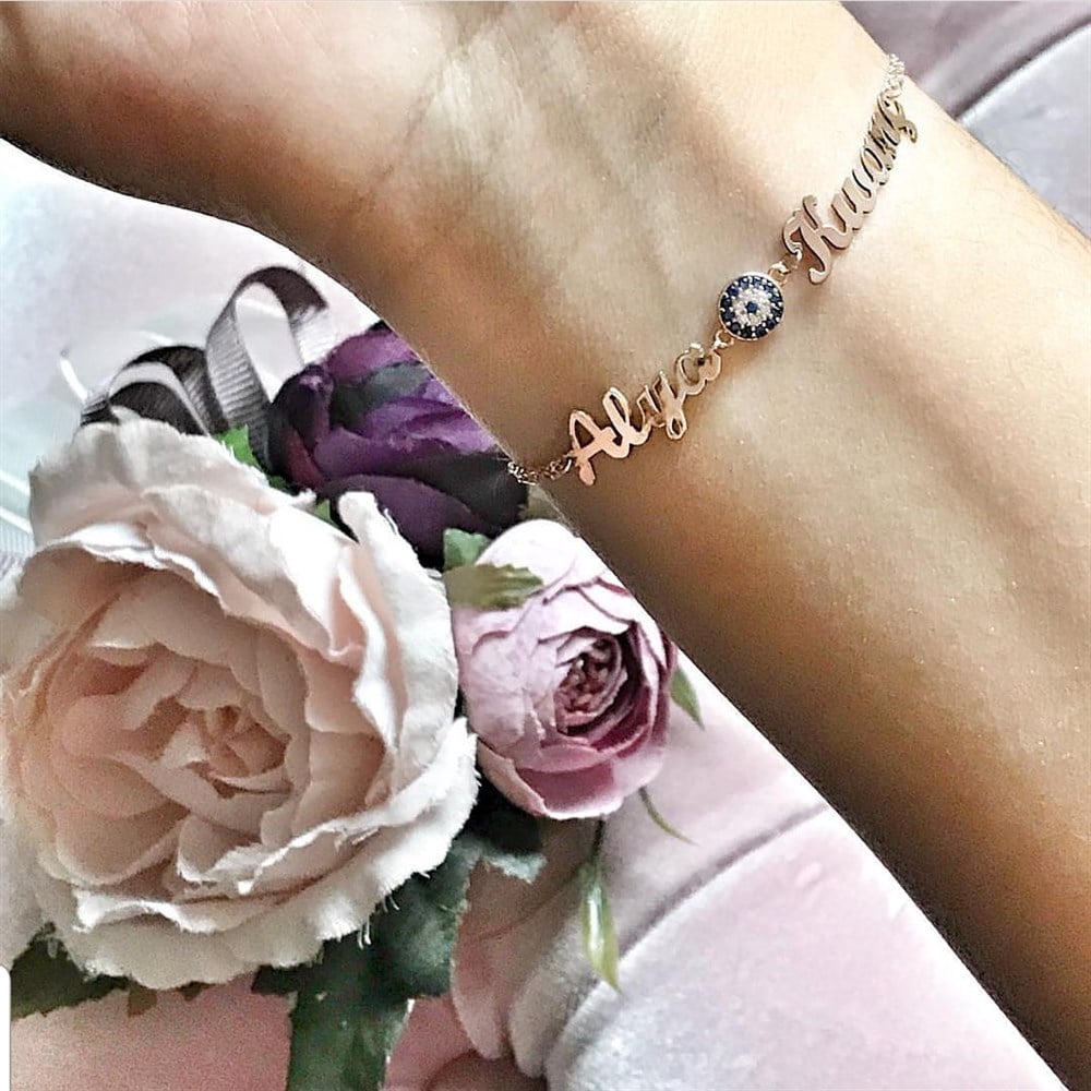 İKİ İSİM NAZAR BONCUKLU GÜMÜŞ BİLEKLİK