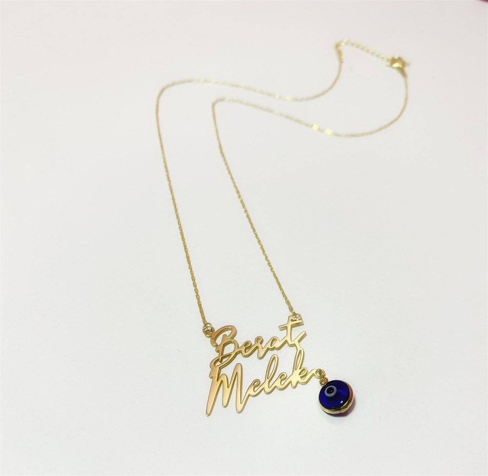 İki İsim Sallantılı Nazar Boncuğu Gümüş Kolye