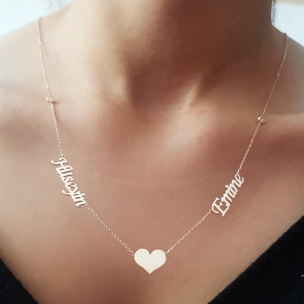 İKİ İSİMLİ KALP TAŞLI GÜMÜŞ KOLYE