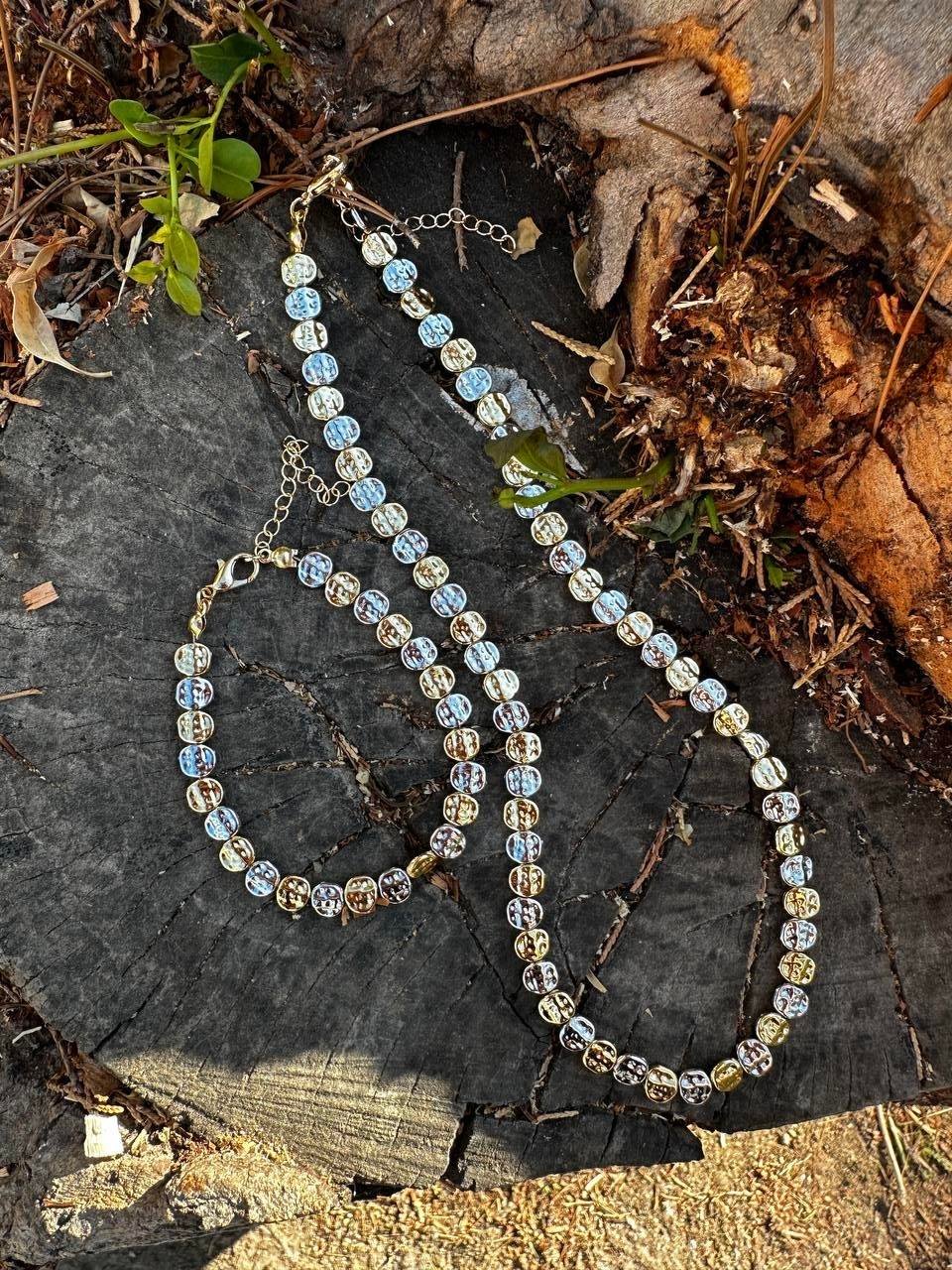 İki Renkli Ezme Plaka Kolye Bileklik Set