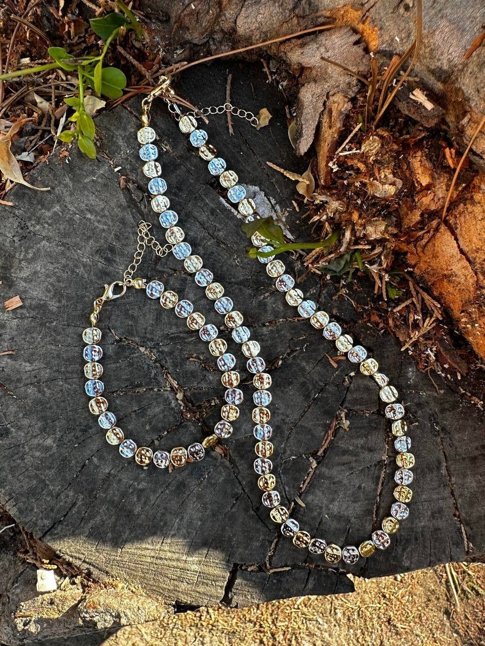 İki Renkli Ezme Plaka Kolye Bileklik Set