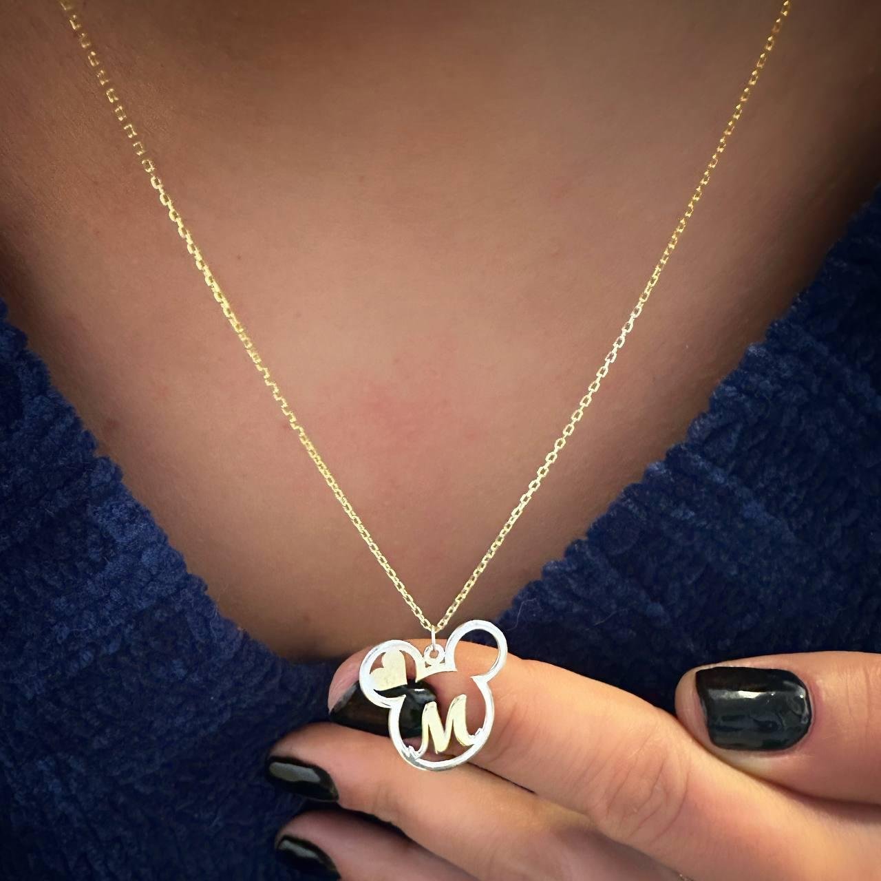 İki Renkli Mickey Harf Kalp Gümüş Kolye