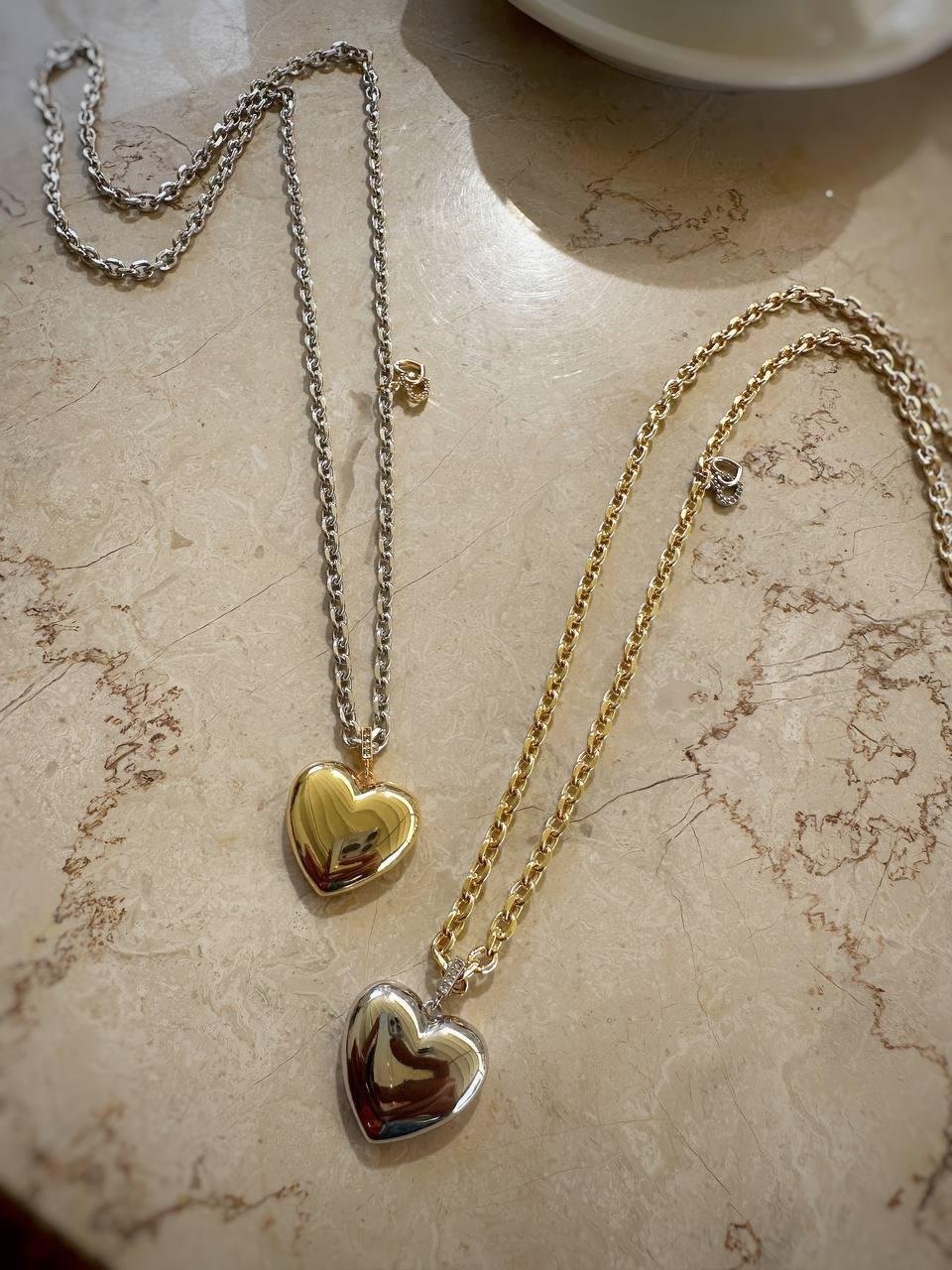 İki Renkli Tombul Kalp Çelik Kolye