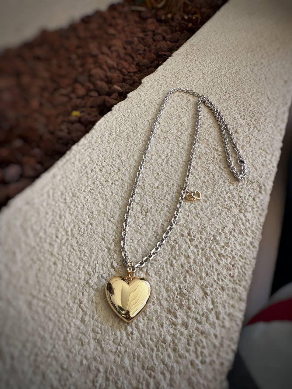 İki Renkli Tombul Kalp Çelik Kolye