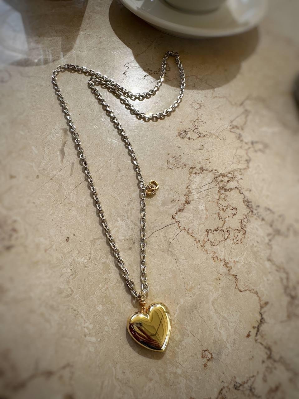 İki Renkli Tombul Kalp Çelik Kolye