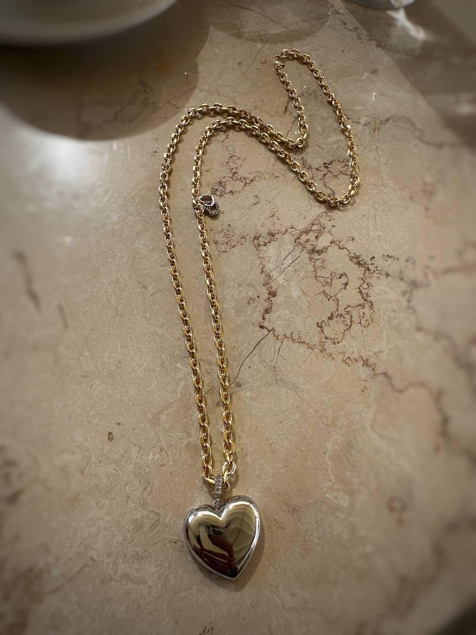 İki Renkli Tombul Kalp Çelik Kolye