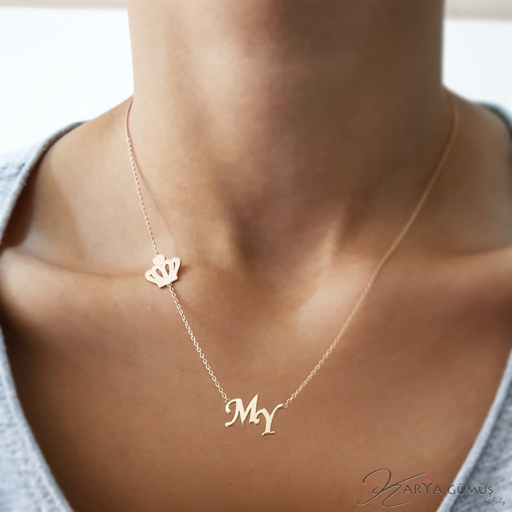 İKİLİ HARF KEMİK TAÇ FİGÜRLÜ GÜMÜŞ KOLYE