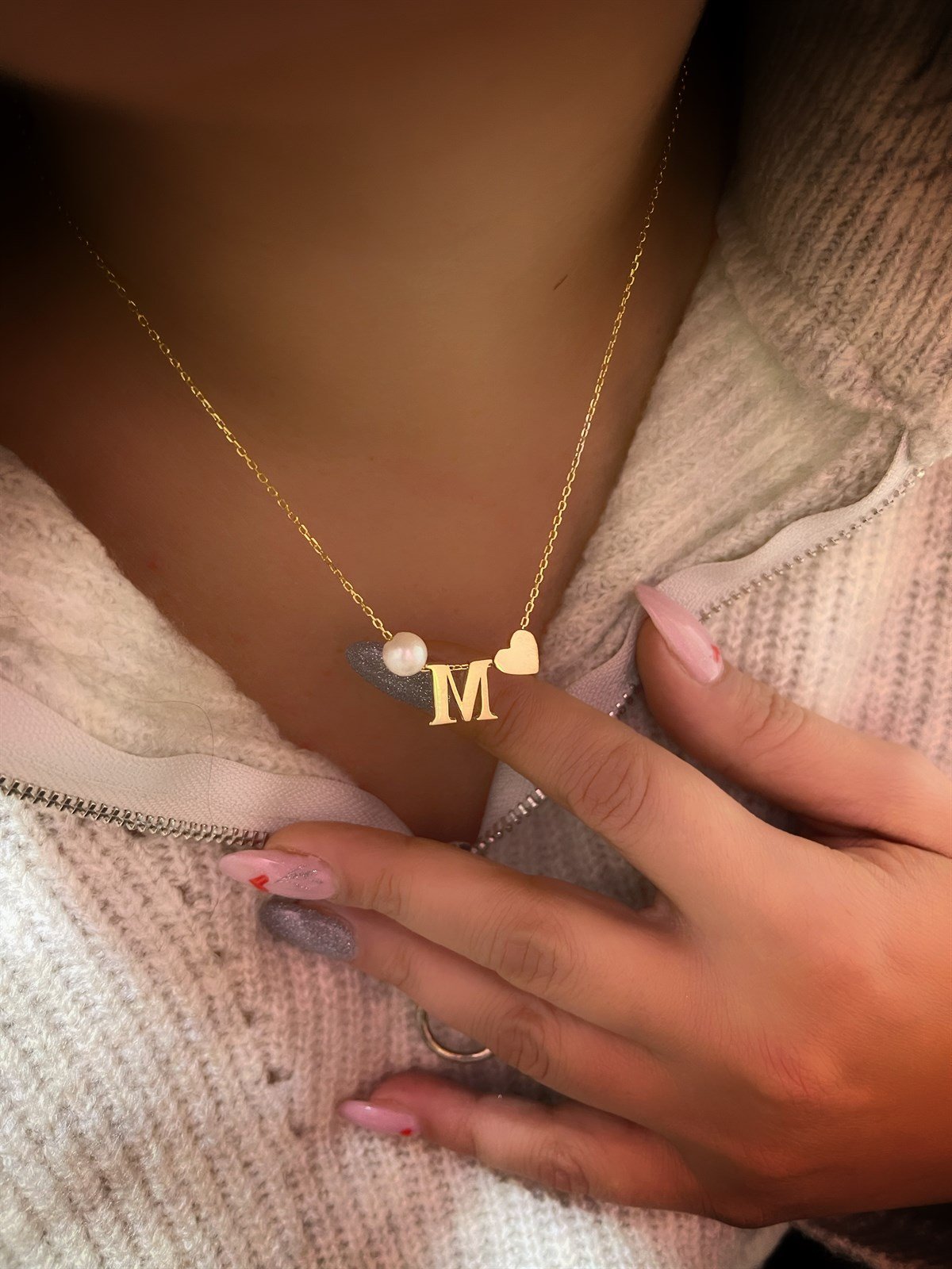 İncili Harf Kalp Gümüş Kolye