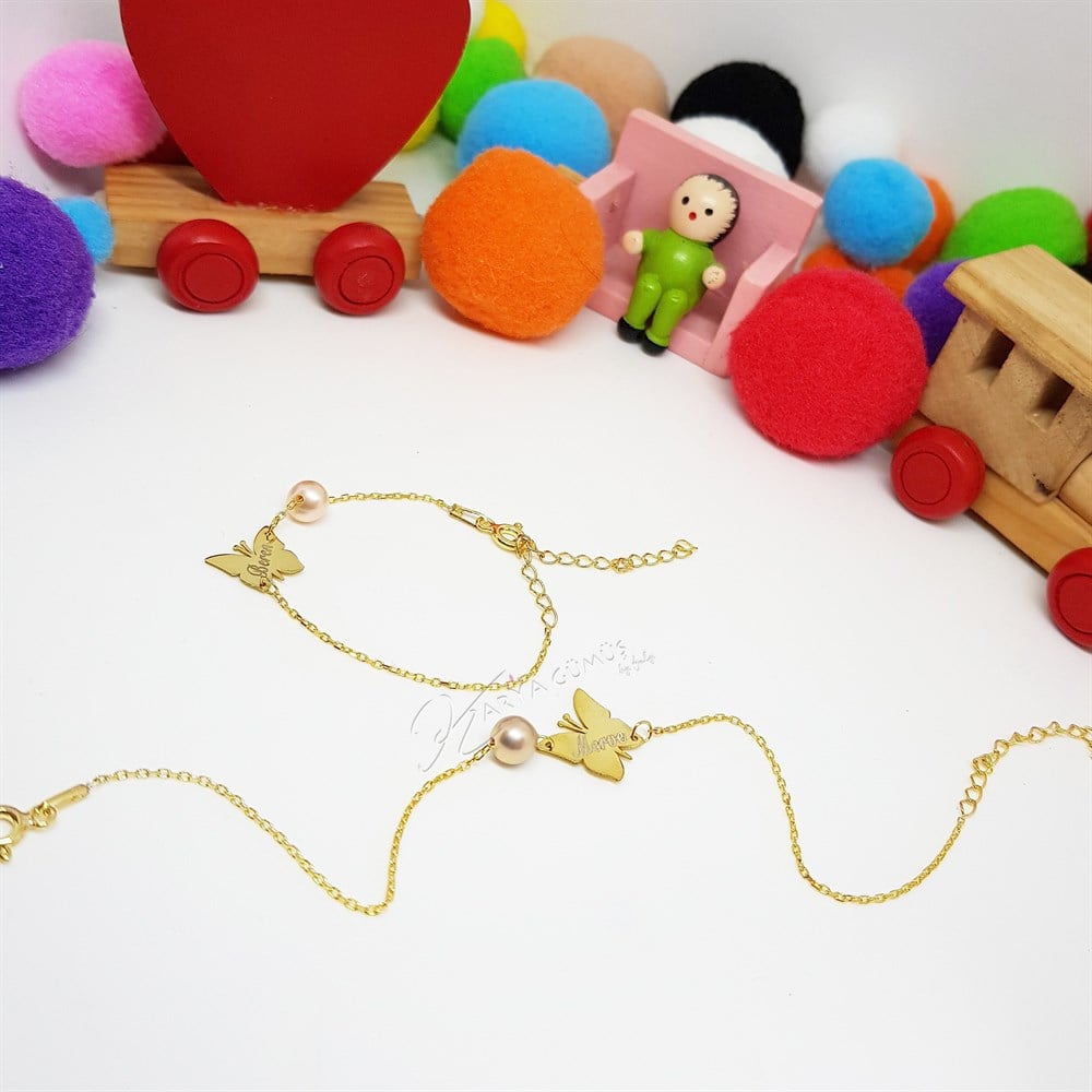 İncili Kelebek Figürlü Anne Çocuk Kombin Gümüş Bileklik