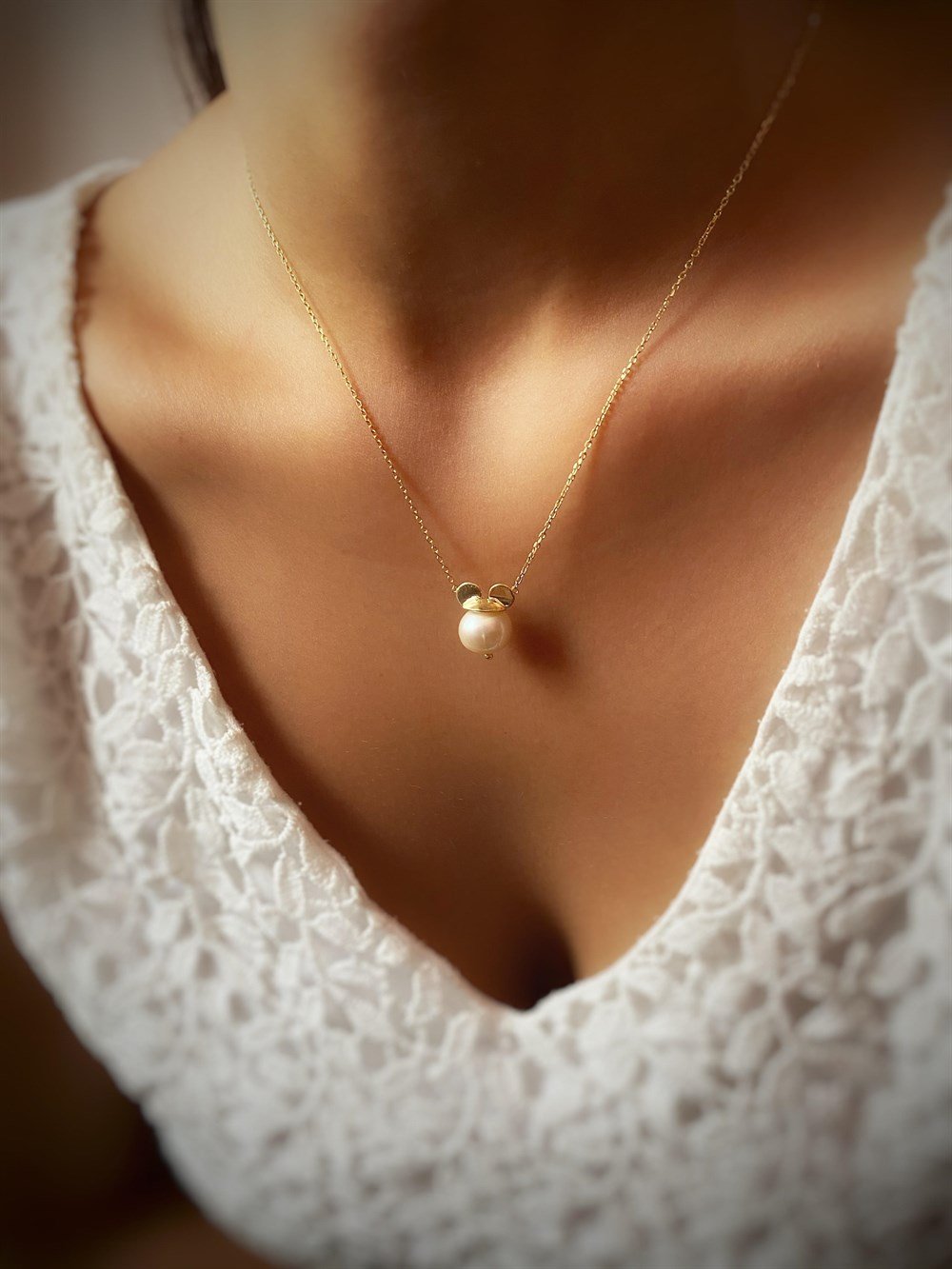 İncili Mickey Tasarım Gümüş Kolye