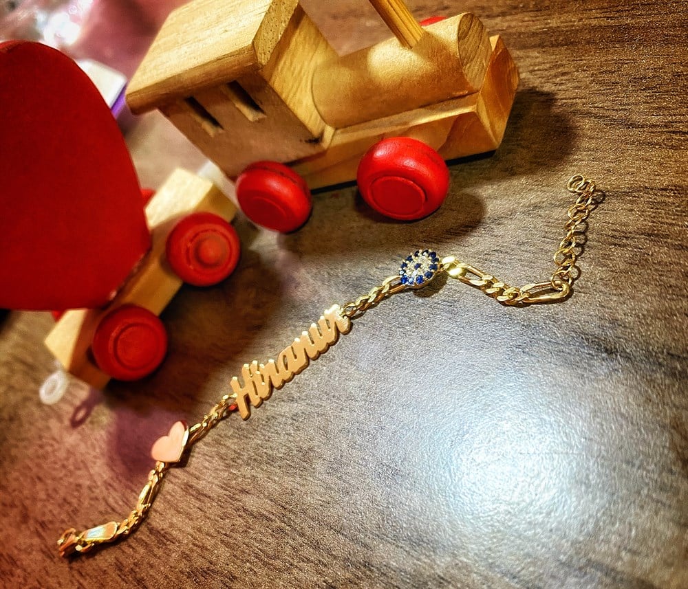 İsimli Kalp ve Nazar Boncuklu Gümüş Bebek Çocuk Bileklik 