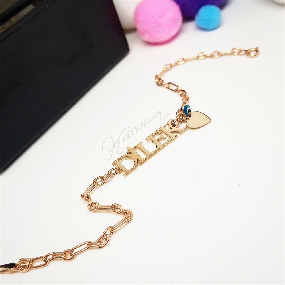 Kalın İsimli Nazar Boncuklu Kalpli Gümüş Bileklik