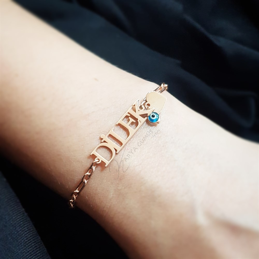 Kalın İsimli Nazar Boncuklu Kalpli Gümüş Bileklik