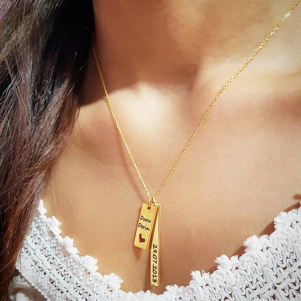 KİŞİYE ÖZEL İKİLİ ÇUBUK İSİMLİ TARİHLİ GÜMÜŞ KOLYE