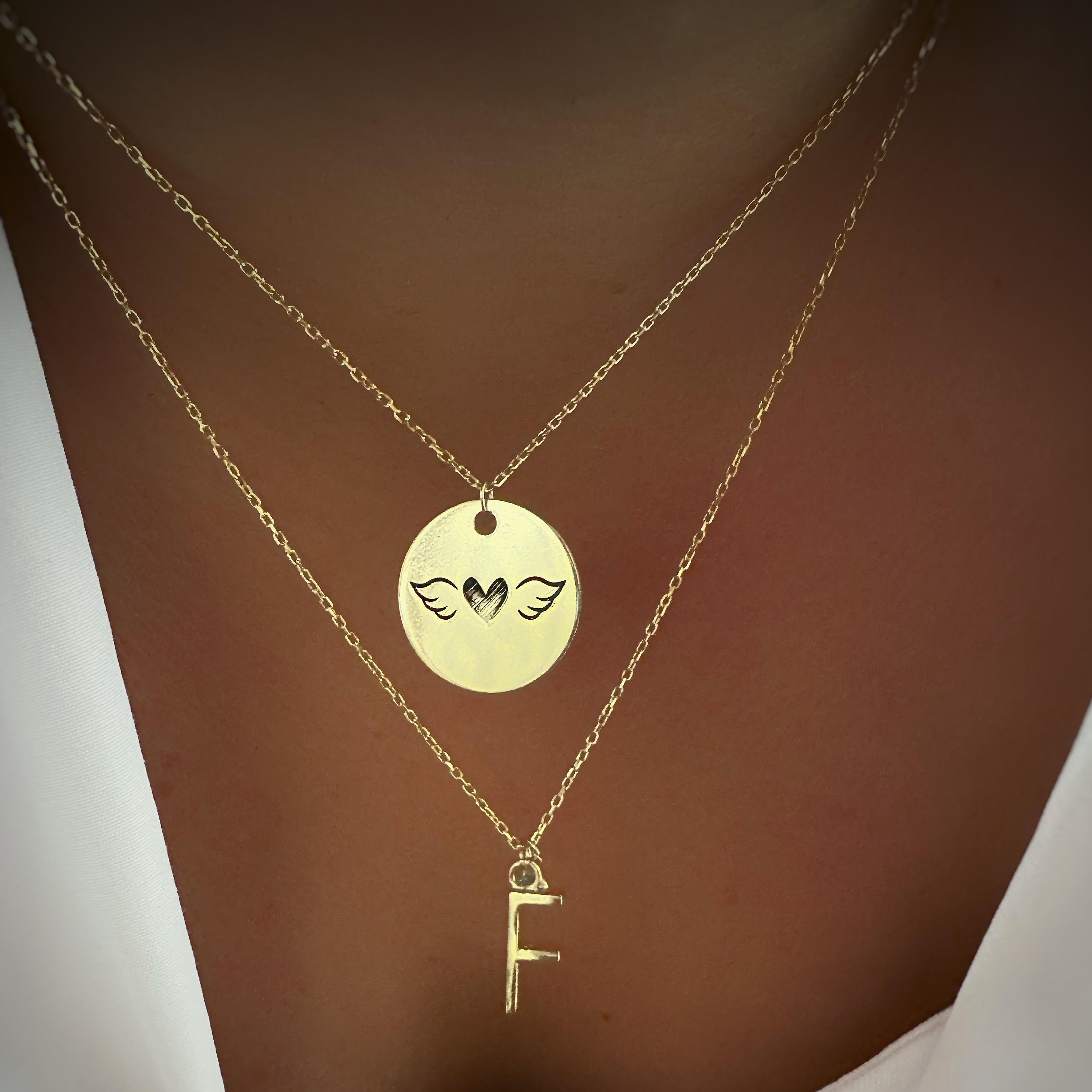 Melek Kanadı Kalp Detay Plaka Gümüş Kolye