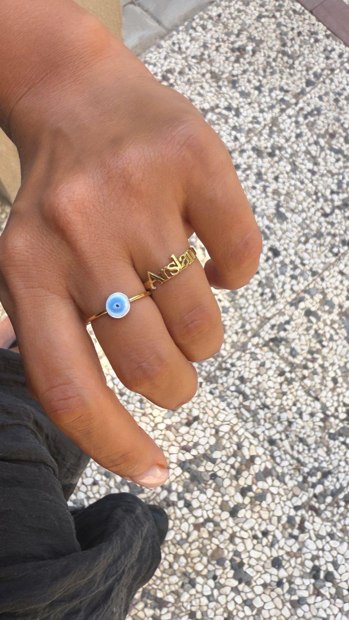 Minimal İsim Ve Nazar Boncuğu Kombin Gümüş Yüzük