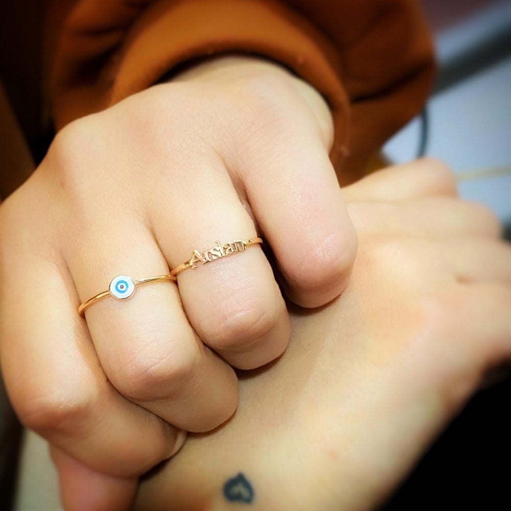 Minimal İsim Ve Nazar Boncuğu Kombin Gümüş Yüzük