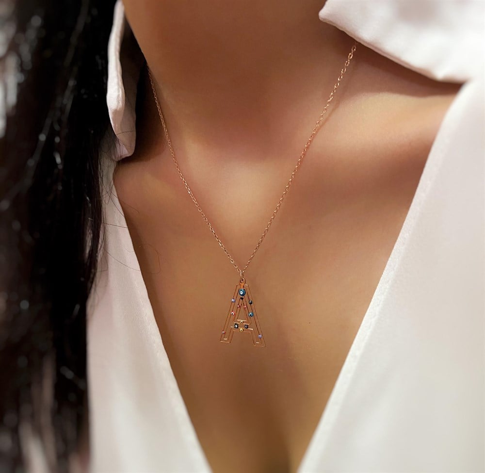 Minimal Nazar Boncuklu Tasarım Harf Kolye