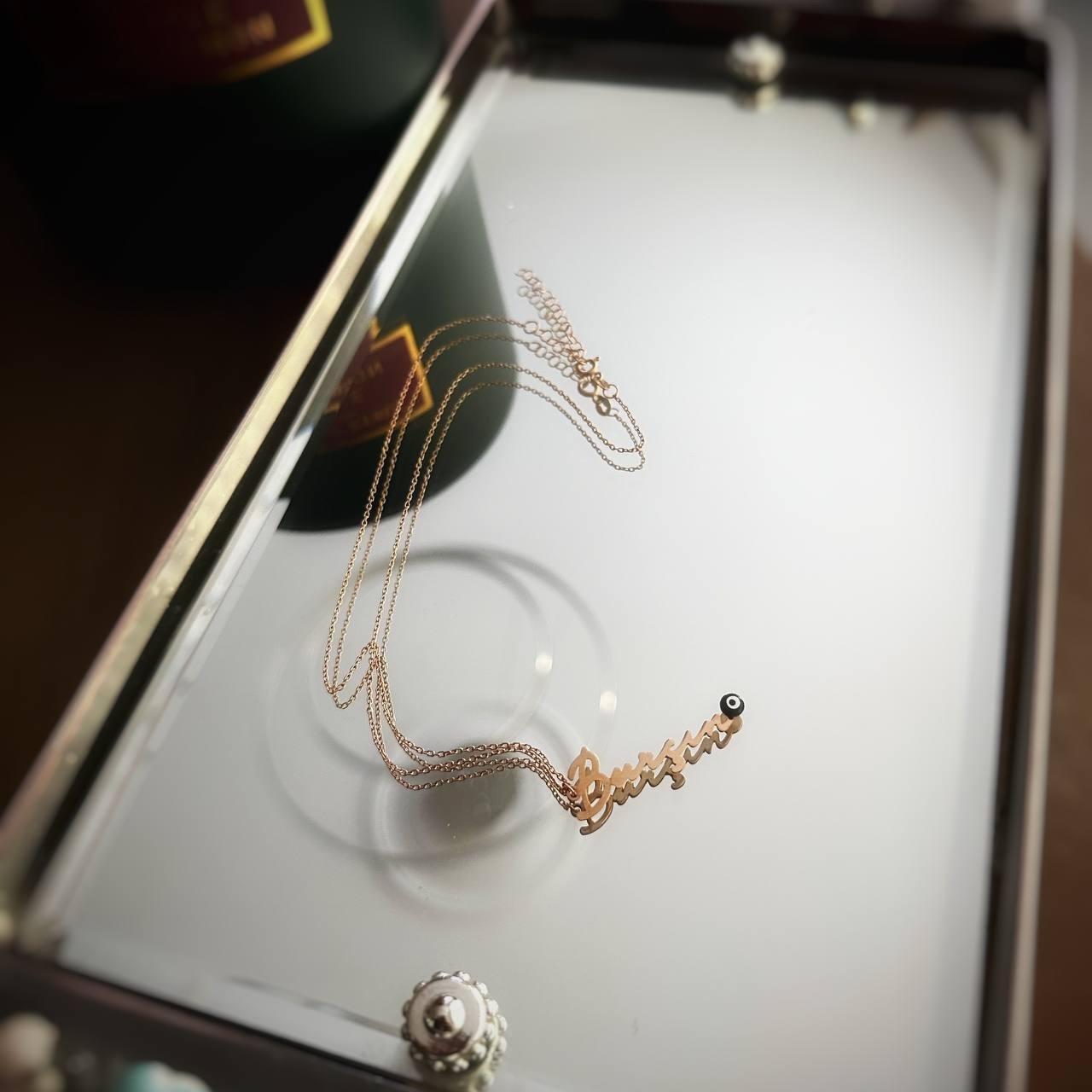 Nazar Boncuğu Detay Dikey İmza İsim Gümüş Kolye